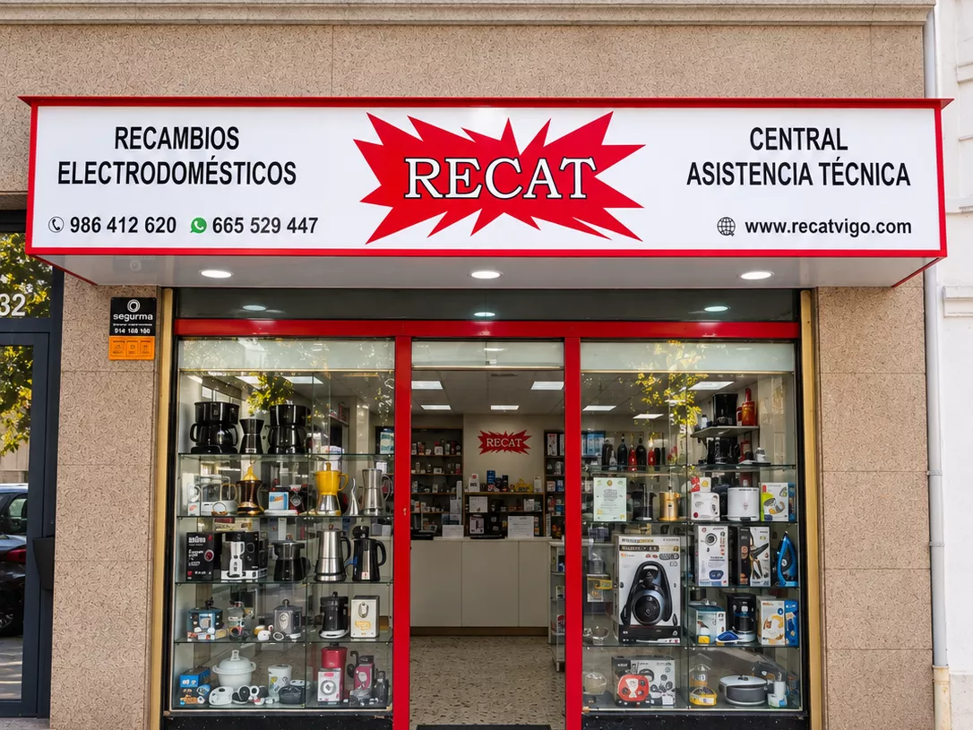 Fachada de la tienda RECAT en la Rúa Vázquez Varela de Vigo, con el rótulo rojo y blanco de recambios de electrodomésticos y el escaparate lleno de pequeño electrodoméstico