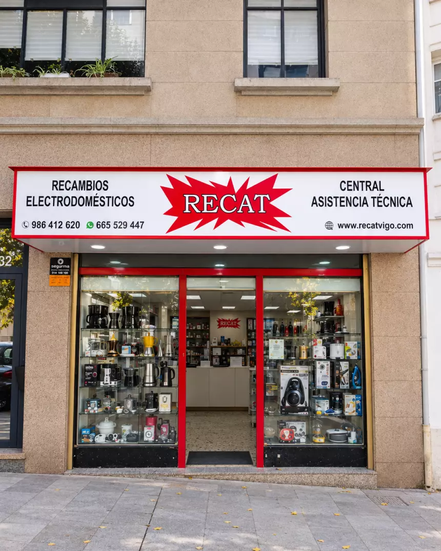 Fachada de la tienda RECAT en la Rúa Vázquez Varela de Vigo, con el rótulo de recambios de electrodomésticos y central de asistencia técnica y el escaparate de pequeño electrodoméstico